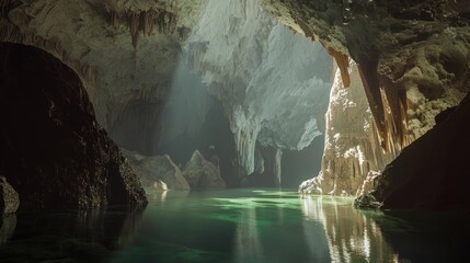 Naklejka premium Tranquil Serenity in Hidden Caves: Secret Chamber with Crystal Lake and Rock Formations for Peaceful Escapade