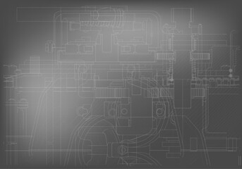 Mechanical engineering drawings on a gray background.