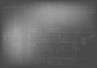 Mechanical engineering drawings on a gray background.