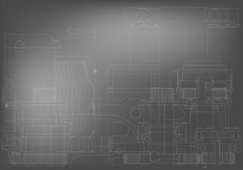 Mechanical engineering drawings on a gray background.