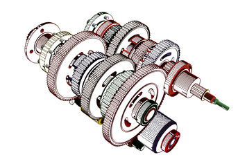 Motorcycle gearbox on white background. 