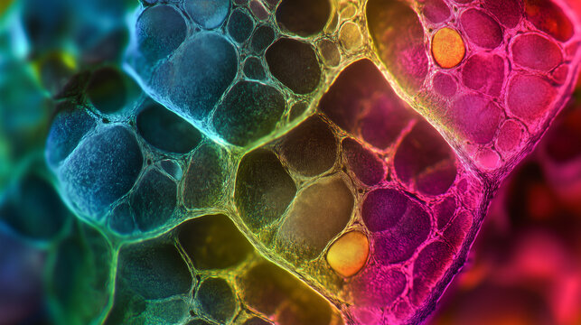 Colorful bubbles and cells close-up with rainbow hues and intricate patterns