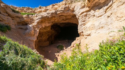 Fototapeta premium Enchanting Hidden Caves Exposed: Lush Exterior and Vibrant Mineral-Infused Interior Unveiled - Ultra-Detailed Exploration