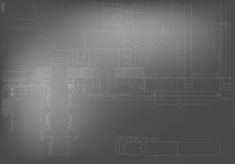 Mechanical engineering drawings on a gray background.