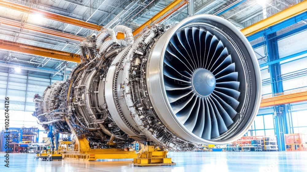 Poster a large jet engine stands on a yellow platform in a factory
