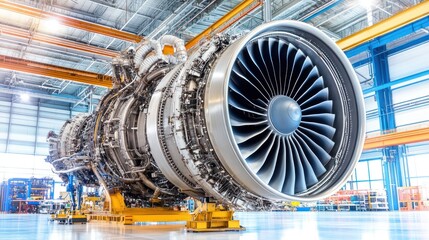 Fototapeta premium A Large Jet Engine Stands on a Yellow Platform in a Factory