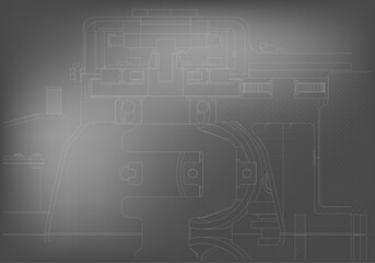 Mechanical engineering drawings on a gray background.