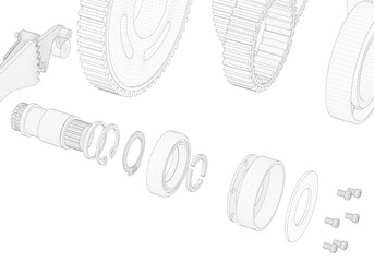 Gears and other parts on a white background.
