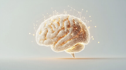 white and gold 3d rendered human brain with glowing lines and network connections on white background