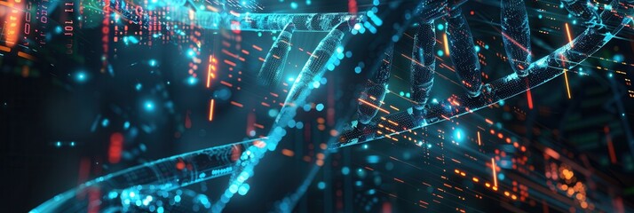 Obraz premium A vibrant 3D DNA strand features complex digital data integrations, showcasing the fusion of genetics and technology at night. Generative AI