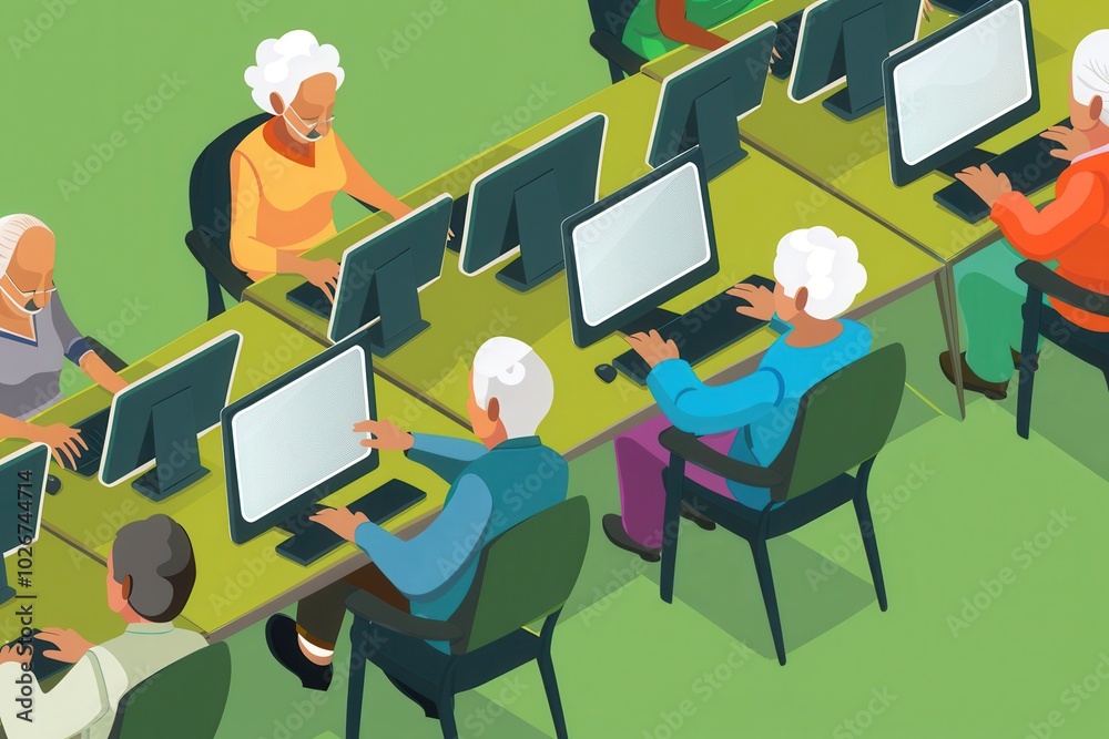Aufkleber a group of elderly people participates in computer courses, actively learning and using laptops and 