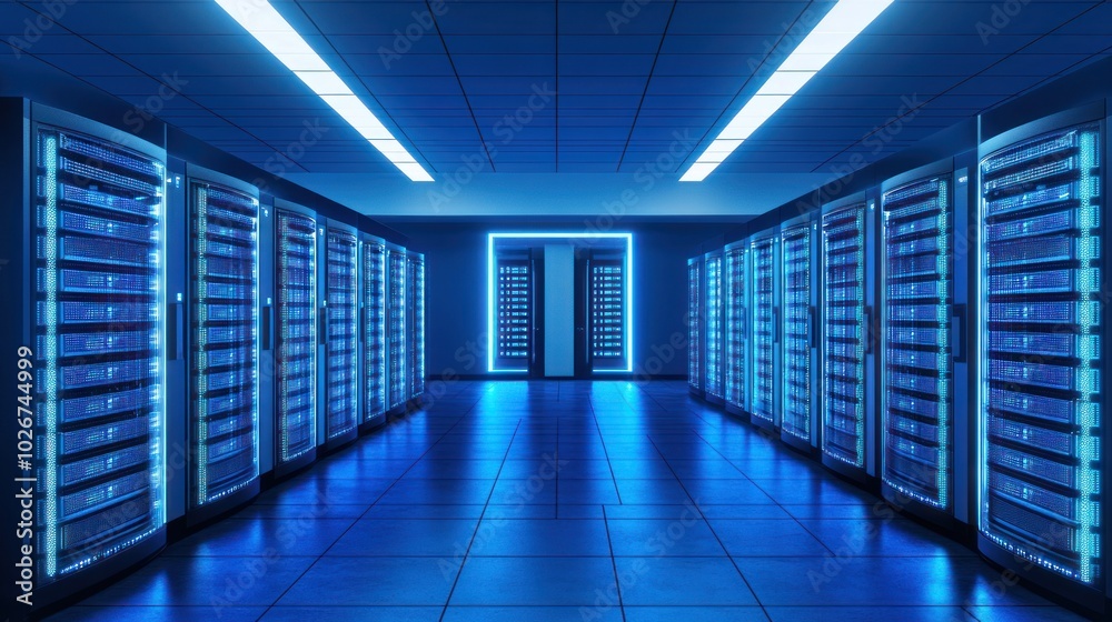 Aufkleber rows of illuminated server racks in a blue-lit data center hallway