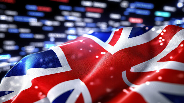 UK stock market concept, British flag's corner with stock market tickers scrolling in the background