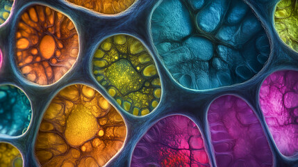 Vibrant close-up of biological cells with intricate patterns in a scientific exploration