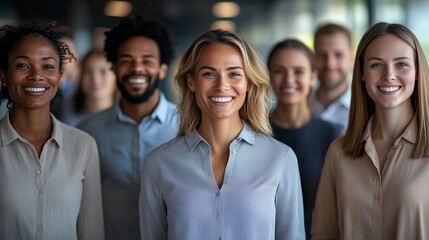 Fototapeta premium Diverse group of business professionals standing together, smiling in a modern office. Friendly, inclusive workplace culture and teamwork concept.