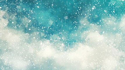 Obraz premium Snow falls gently in this wallpaper. The sky is a mix of white, teal, and blue. Many snowflakes float in the air. This peaceful scene shows the beauty of winter.