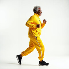 Older elder African American woman wear yellow  luxury sport tracksuit, healthy , running slowly and smiling background white, studio , no brand no symbol on shoe and wear, full body