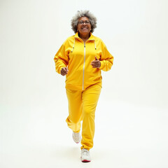 an African woman running in ayellow suiit