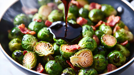 close-up of halved Brussels sprouts being tossed with bacon in a pan, balsamic glaze drizzling from above