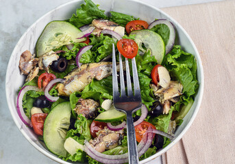 fresh garden salad top with sardines