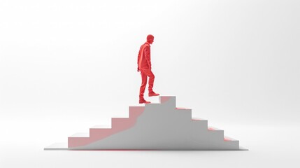 Silhouette of a lone figure in a bright red suit standing on a minimalist modern architectural staircase symbolizing the concept of achievement success growth and ambition