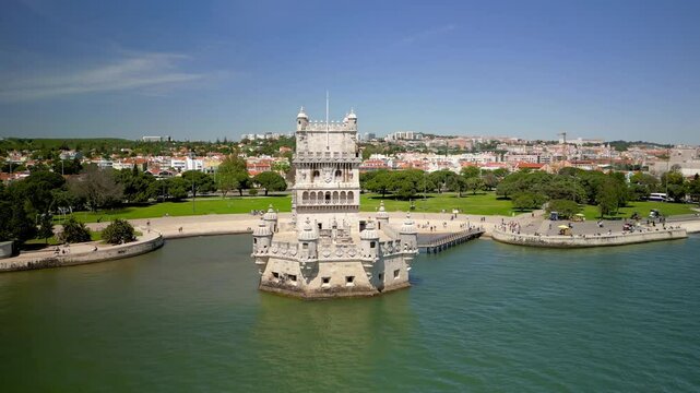 Scenic landscape of historic Belem tower ,UNSECO world heritage site in Lisbon metro area.