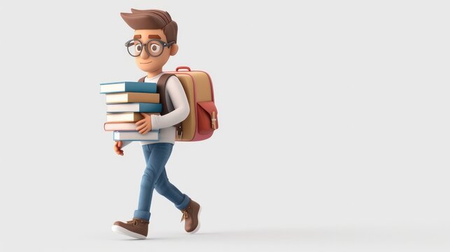 Studious young man with backpack walking while holding stack of books illustrating the concept of education academic studies and intellectual pursuit