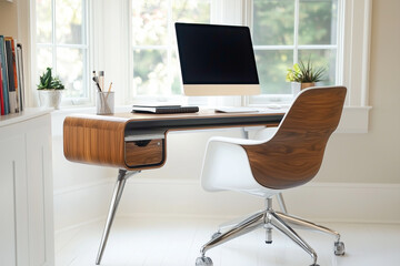 Modern home office with desk, ergonomic chair, computer, natural light, and minimal decor