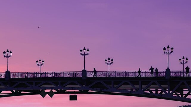 Pedestrians walking across a beautiful bridge at sunset, creating a stunning scene in Toulouse south of France.