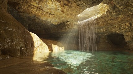 Naklejka premium Mystical Waterfall in Vibrant Cave Interior with Unique Geological Features | Ultra-Detailed Cave Exploration Photography