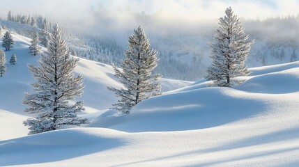 Snowy slopes of Hayden Valley in Yellowstone National Park, Wyoming. Lodgepole pine trees stand tall in the deep snow.