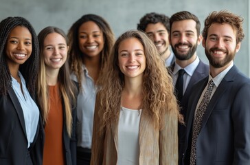 Diverse group of business professionals standing together, smiling in a modern office. Friendly, inclusive workplace culture and teamwork concept.