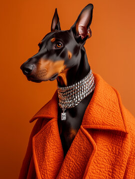 Portrait of a Doberman in designer fashion, wearing a beautiful oversized orange coat and silver necklace