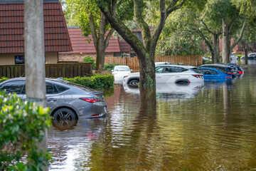 Car flooding after hurricane. Florida hurricane and tropical storm season. Heavy rain with wind. Cars damage. Climate Disaster. Flood neighborhood. Global warming. Evacuation zone. High water on road