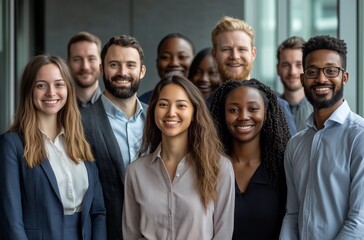 Fototapeta premium Diverse group of business professionals standing together, smiling in a modern office. Friendly, inclusive workplace culture and teamwork concept.