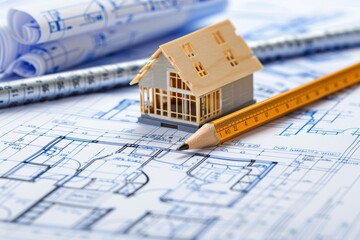 Architectural Blueprint with Model House Promoting Residential Design and Renovation Services
