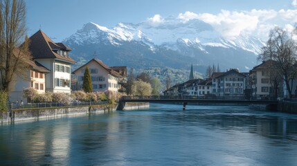 Fototapeta premium A tranquil spring day unfolds in Switzerland, showcasing riverside homes nestled beside a serene river and towering mountains. Generative AI