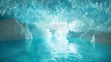 Enchanting Hidden Cave with Sparkling Crystal Formations and Flowing Water in Soft Light | Ultra-Detailed Nature Photography