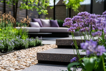 Sophisticated Modern Garden Design with Steps and Pebble Stones: An Artful Combination of Textures and Elements, Creating a Serene Outdoor Retreat.