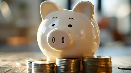 Piggy bank with golden coins on blurred background. Money saving and deposit investment to get profit and dividend. Financial concept of savings, rich, and wealth