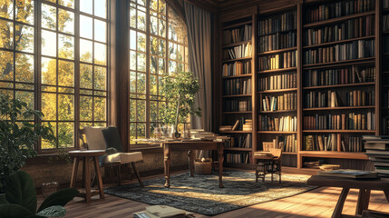 A 3D image showing the inside of a room with a table and a bookshelf.