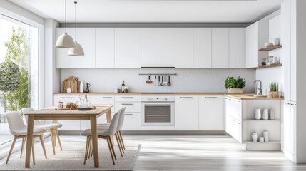 A bright, white kitchen with wood accents and gray details. The clean design is simple and modern.