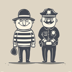 Cartoon Thief and Police Officer Characters in Vintage Style Illustration with Simple Background