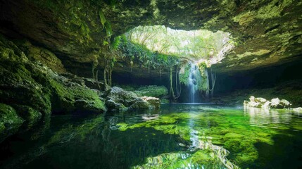 Enchanting Hidden Caves: Rugged Cave System with Waterfall and Reflections