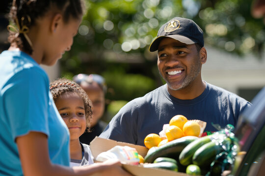 Community Outreach Volunteer Distributing Food Supplies to Families in Need