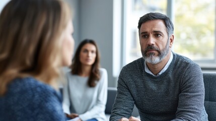 Fototapeta premium Man and indifferent wife attending a therapy session with a female psychotherapist in a contemporary office setting, clean and minimalistic composition.