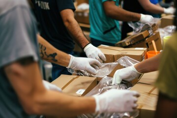 Obraz premium Community Aid: Volunteers Assembling Care Packages for Homeless Support Initiatives