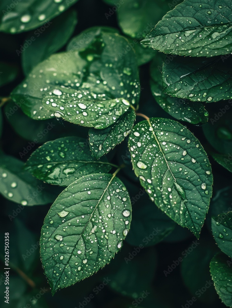 Poster water droplets glisten on vibrant green leaves, creating a refreshing atmosphere in a lush, natural 