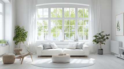 A bright, white living room with a large window. The room has a simple, Scandinavian style.