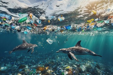 Obraz premium Dolphins swimming through ocean plastic pollution